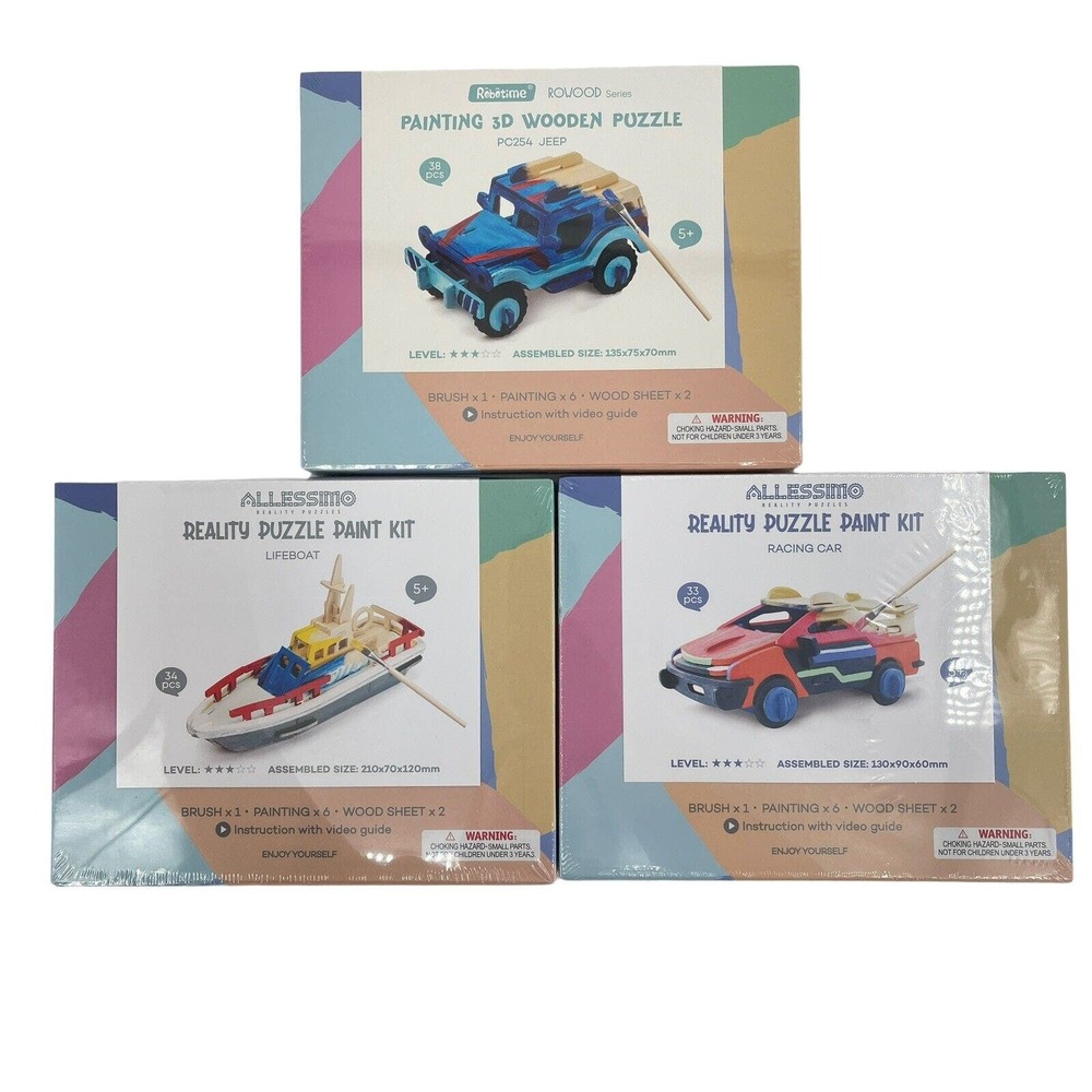 3 x Allessimo 3D Wooden Puzzle & Paint Kits for Kids Racing Car Jeep Lifeboat
